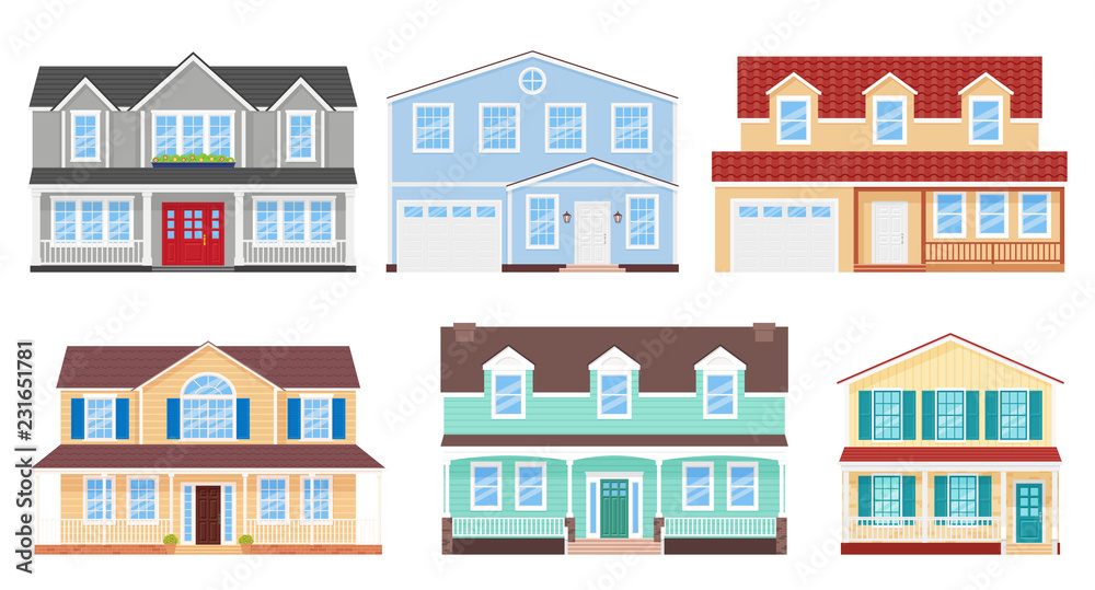 House exterior. Vector. Home facade. Set building with door, roof, porch, windows flat design. Modern residential cottage. Townhouse front apartment isolated on white background. Cartoon illustration.
