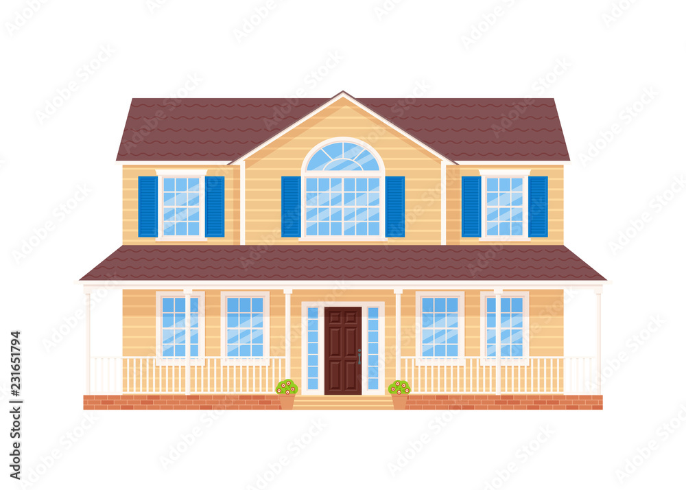House exterior. Vector. Home facade. Building with door, roof, porch,  windows in flat design. Modern residential cottage. Townhouse front  apartment isolated on white background. Cartoon illustration. Stock Vector  | Adobe Stock