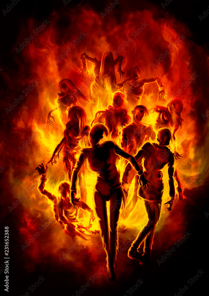 Fototapeta premium Burning zombies/ Illustration a crowd of zombies in fire