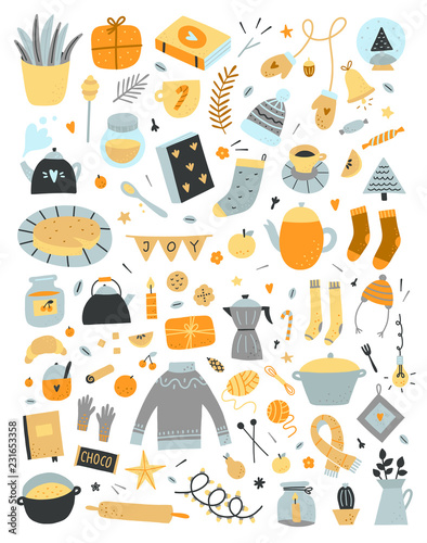 Vector Hygge elements set on white background. Cute scandinavian lifestyle cozy objects for home and winter holidays celebration. Big doodle collection with interior symbols and kitchen equipment