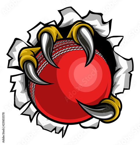 Eagle, bird or monster claw or talons holding a cricket ball and tearing through the background. Sports graphic.