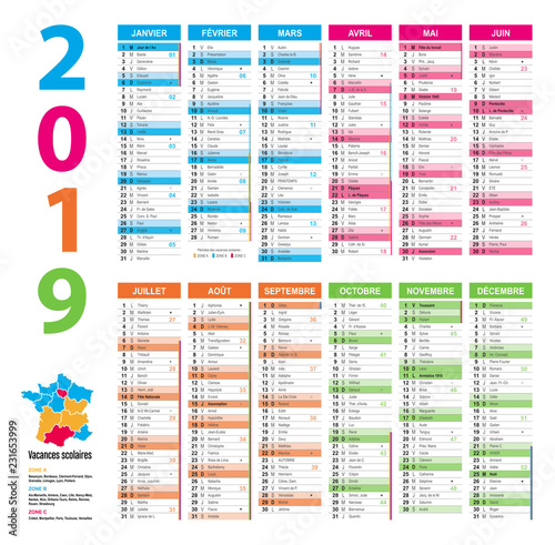 Calendrier 2019 complet 12 mois vacances scolaires lune multicolore