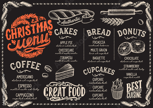 Christmas menu template for bakery on blackboard.