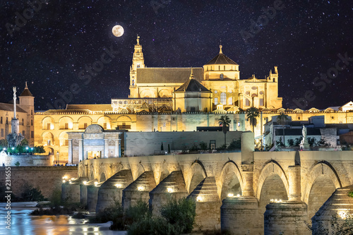 Night view of Mosque-Cathedral and the Roman Bridge in Cordoba, Andalusia, Spain