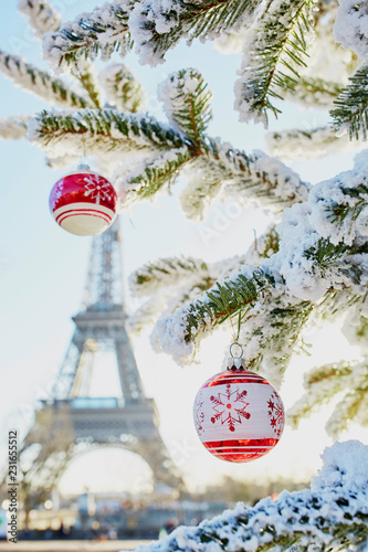 Photography Christmas tree covered with snow near Eiffel tower