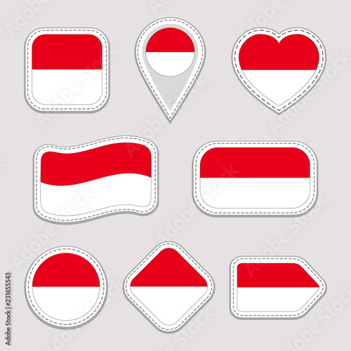Free Download Monaco flag stickers set. Monacan national symbols badges. Isolated geometric icons. Vector official flags collection. Sport pages, patriotic, travel, school, design elements. Different shapes. - GFXLoad