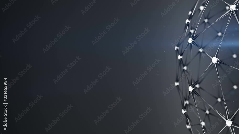 Grey glass network structure on the edge in empty space. Plexus mesh with transparent lines and glowing nodes spheres. Futuristic technology shape. Seamless loop 3D render animation 4k UHD 3840x2160