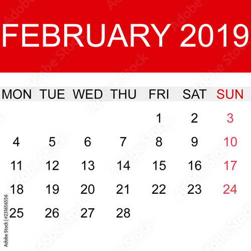 Calendario de Febrero 2019 en inglés
