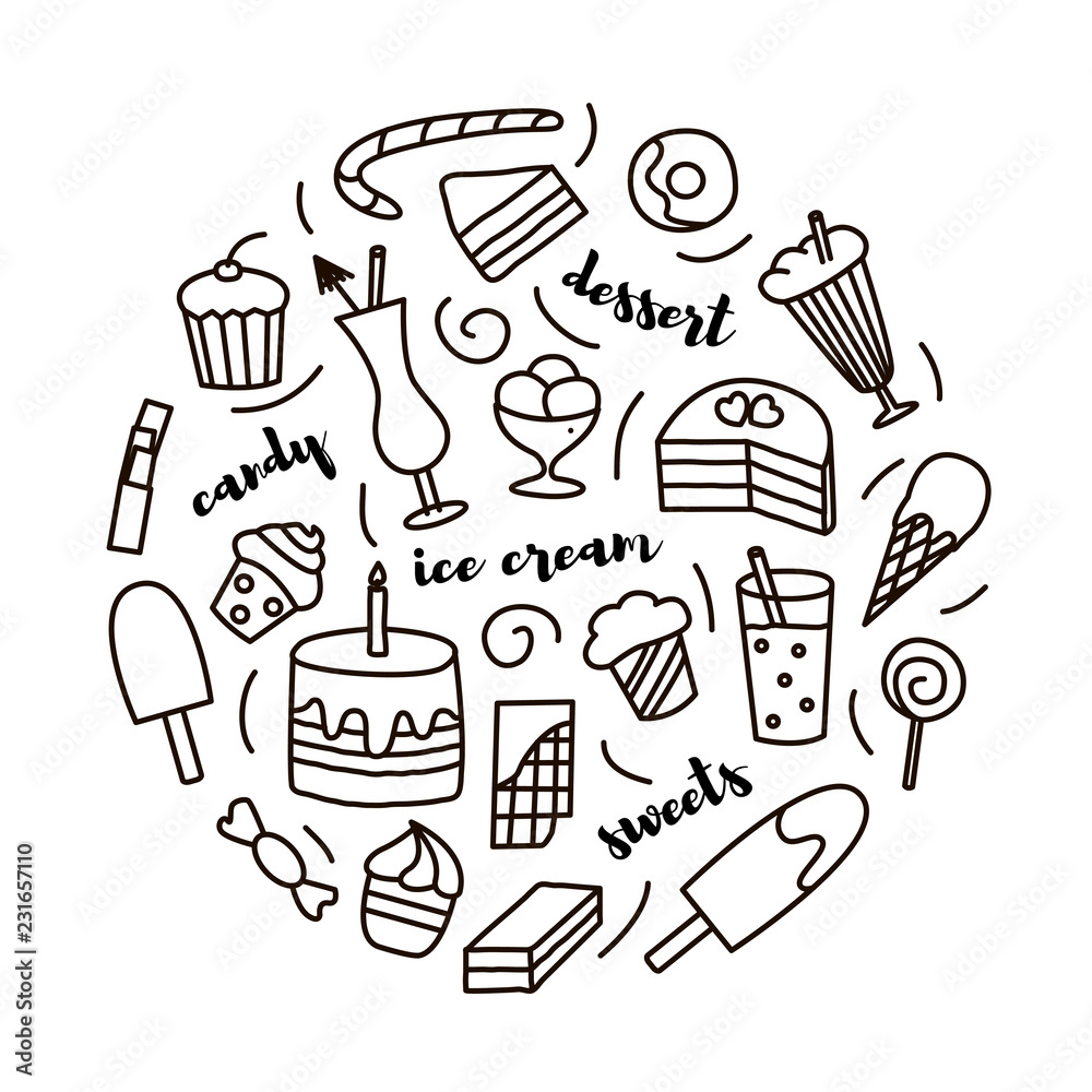 Set with hand drawn sweets in doodle style and lettering. Suitable for icons, templates, cafe and coffee shop menu. Set with hand drawn sweets in doodle style and lettering. Suitable for icons, templates, cafe and coffee shop menu.