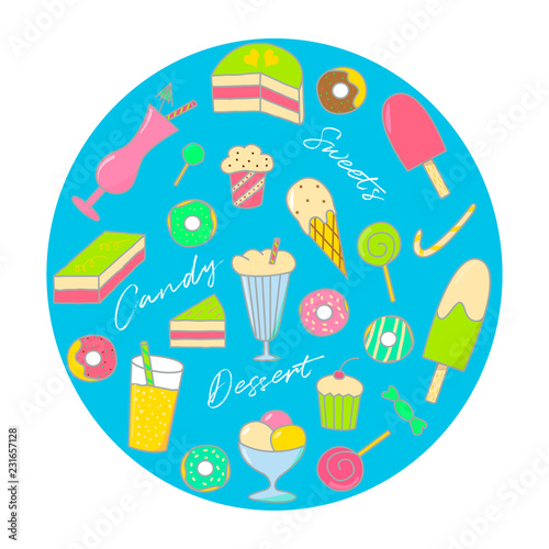 Set with hand drawn sweets icon in doodle style and lettering. Vector illustration suitable for icons, templates, cafe and coffee shop menu.