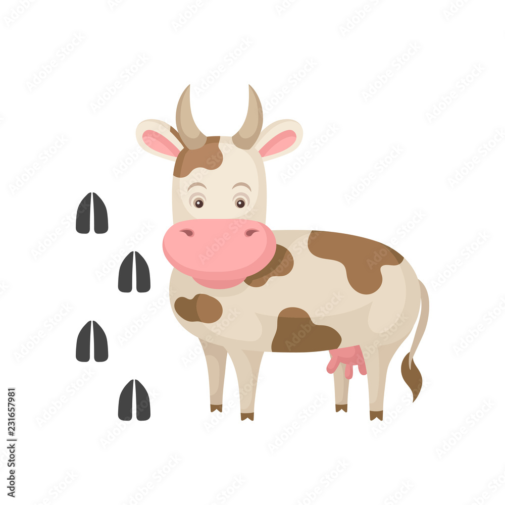Funny cow and her footprints tracks. Big farm animal with horns. Domestic creature. Flat vector element for children book Funny cow and her footprints tracks. Big farm animal with horns. Domestic creature. Flat vector element for children book
