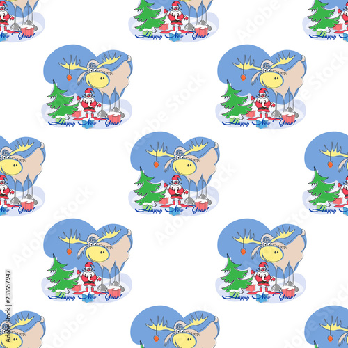 seamless pattern with santa, elk, gift and happy new year