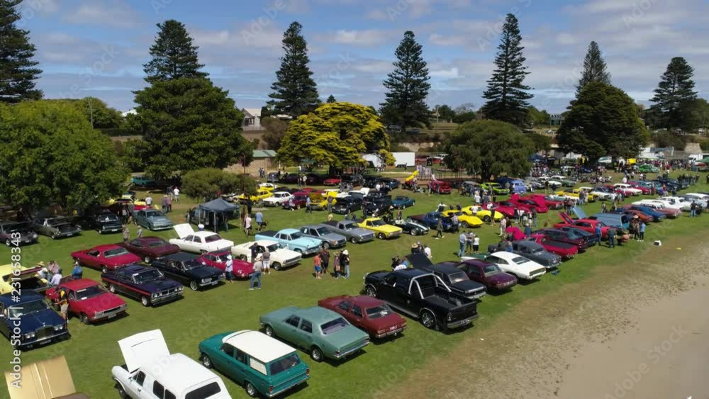 Drone tracking along classic cars at Portland Victoria Australia February 17 2018 - UHD 30P.