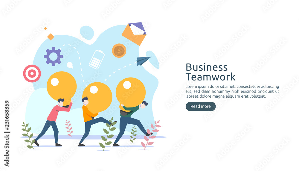 Fototapeta premium teamwork business brainstorming Idea concept with big yellow light bulb lamp, tiny people character. creative innovation solution. template for web landing page, banner, presentation, social media