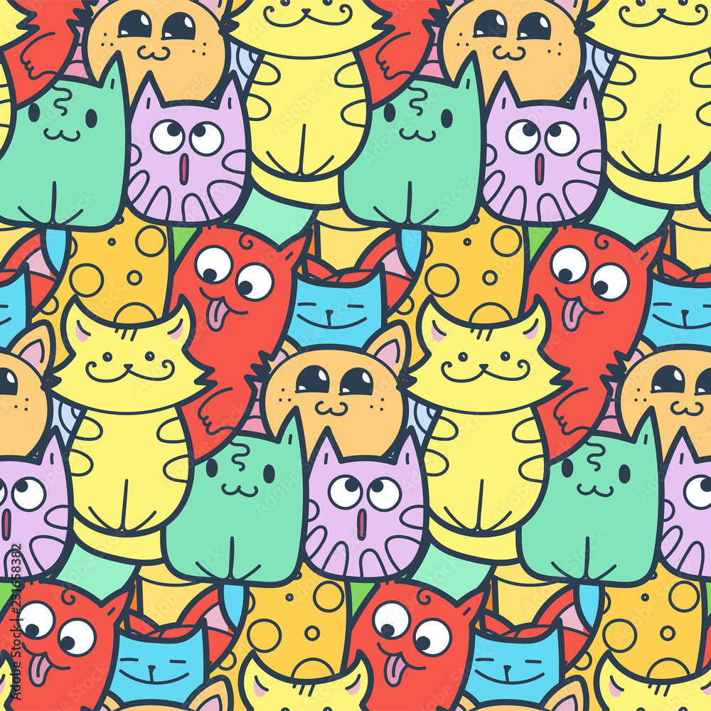 7291844 Funny doodle cats and kittens seamless pattern for prints, designs and coloring books