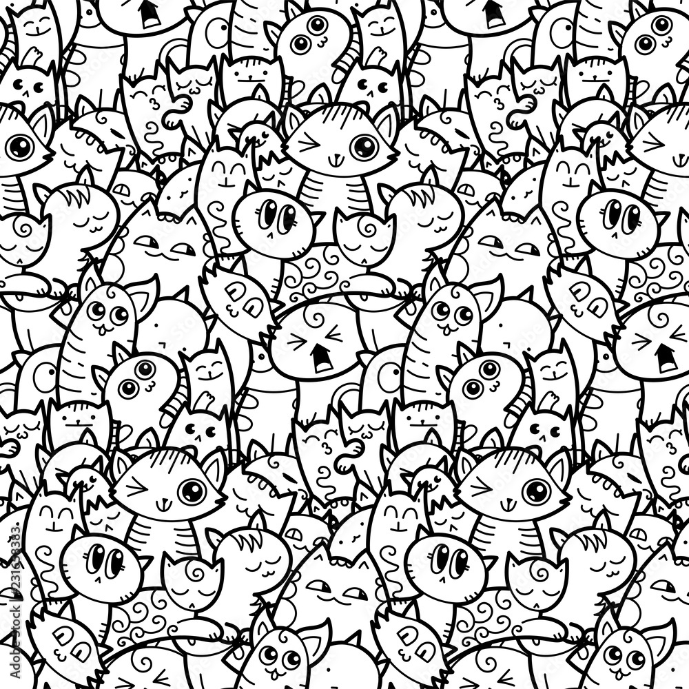 7291843 Funny doodle cats and kittens seamless pattern for prints, designs and coloring books