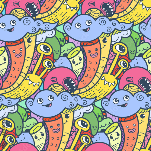 7291842 Funny doodle monsters seamless pattern for prints, designs and coloring books