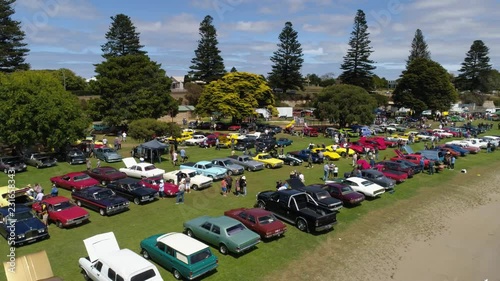 Drone tracking along classic cars at Portland Victoria Australia February 17 2018 - UHD 30P.