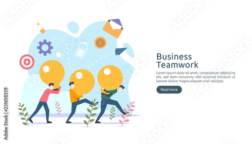 teamwork business brainstorming Idea concept with big yellow light bulb lamp, tiny people character. creative innovation solution. template for web landing page, banner, presentation, social media
