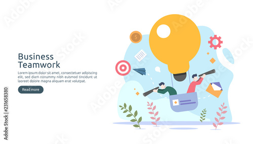 teamwork business brainstorming Idea concept with big yellow light bulb lamp, tiny people character. creative innovation solution. template for web landing page, banner, presentation, social media