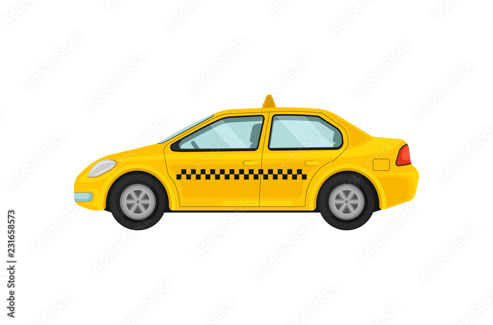 Airport taxi service. Classic yellow cab. Public transport. Flat vector element for banner or mobile application