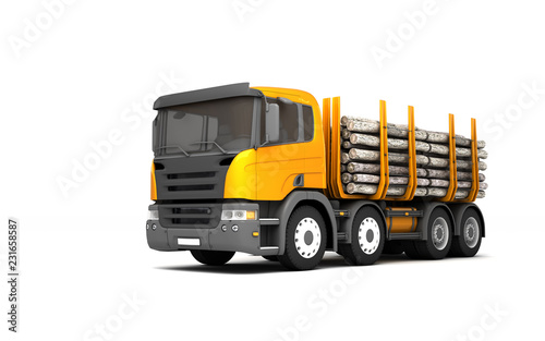 Fototapeta Naklejka Na Ścianę i Meble -  Front side view of timber truck isolated on white background. Left side view. Perspective. 3d illustration.