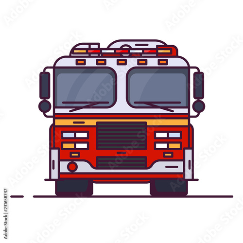 Front view of fire engine car with lights. Line style vector illustration. Vehicle and transport banner. Modern firefighter american car. 911 truck with firefighter. Emergency fire engine vehicle.