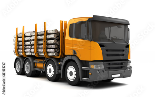Front side view of timber truck isolated on white background. Right side view. Perspective. 3d illustration.