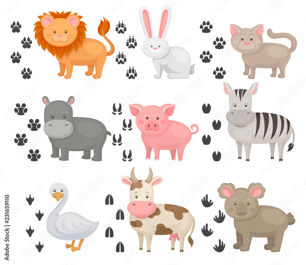Flat vector set of animals and heir footprints. Domestic and wild creatures. Funny cartoon characters. Elements for children book Flat vector set of animals and heir footprints. Domestic and wild creatures. Funny cartoon characters. Elements for children book