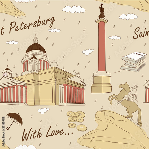 Saint Petersburg seamless pattern.
Famous monuments of the Saint Petersburg. Russian famous and history city. Vector illustration. 