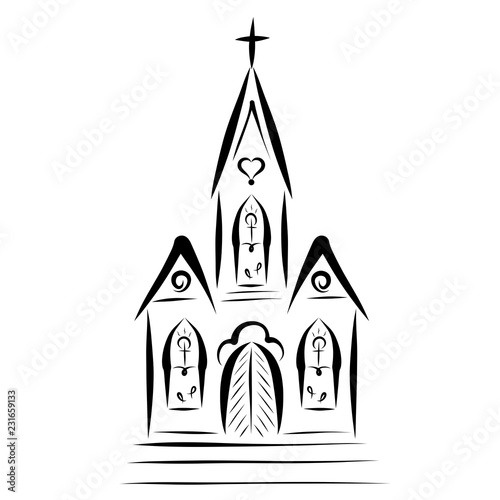 Photography The building of the church with a pattern on the windows, Christian symbols