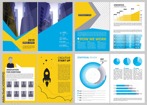 Annual report pages. Modern brochure layout with abstract shapes and place for text vector business presentation. Report brochure startup statistic, layout annual booklet infographics illustration