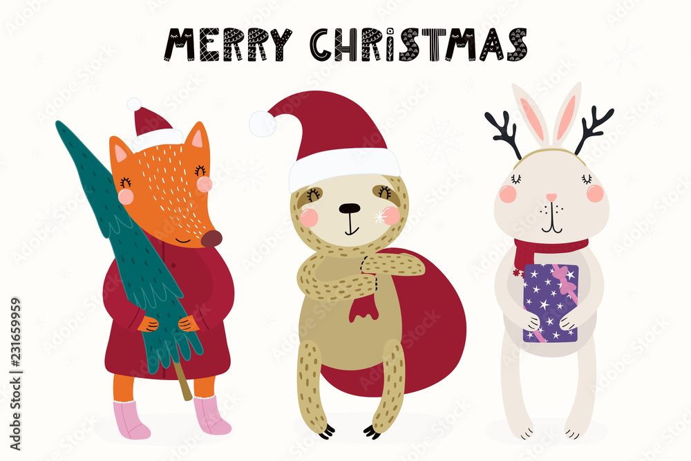 Hand drawn vector illustration of cute animals fox, sloth, bunny in Santa hats, with tree, bag, gift, text Merry Christmas. Isolated objects on white. Scandinavian style flat design. Concept for card.