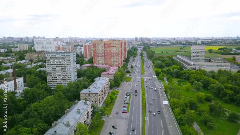 Residential urban area with transport highway in Moscow, Russia aerial shot Residential urban area with transport highway in Moscow, Russia aerial shot