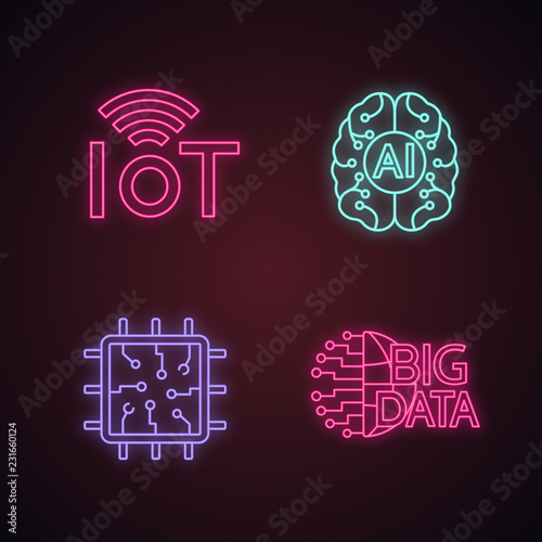 Artificial intelligence neon light icons set
