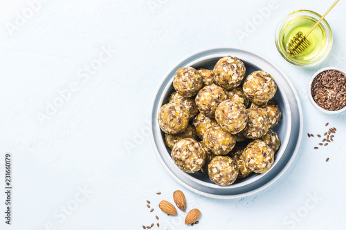 Bilde på lerret Raisins almond honey bliss balls. Top view, space for text.
