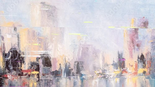 Skyline city view with reflections on water. Original oil painting on canvas, animation with teo layers and glitch effect.