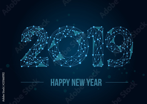 Abstract mash line and point 2019. Vector New Year illustration. Polygonal low poly future technology background. Geometric Greeting card. 