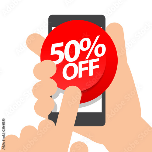 Right hand holds smartphone. fifty percent discount purchase on online