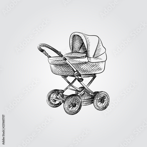 Hand Drawn Baby carriage Sketch Symbol isolated on white background. Vector of cute newborn things In Trendy Style.