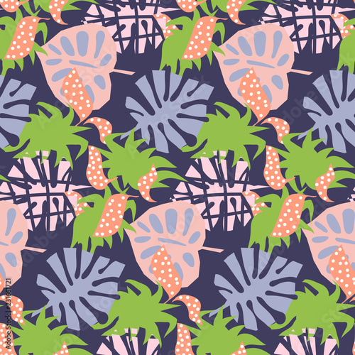 Purple tropical exotic leaves abstract collage style. Seamless vector wallpaper and textile print pattern foliage design.