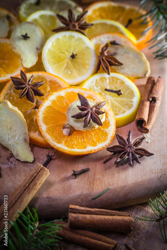 Ingredients medicinal tea Citrus spices Slices lemon orange ginger cloves cinnamon