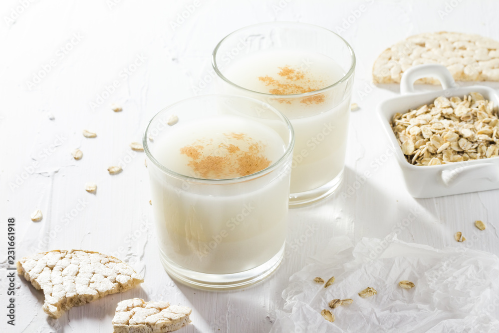 Protein source oat milk homemade product side view Protein source oat milk homemade product side view