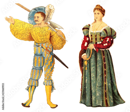 Landsknecht and venetian noblewoman (Renaissance) / vintage illustration from Meyers Konversations-Lexikon 1897  photo