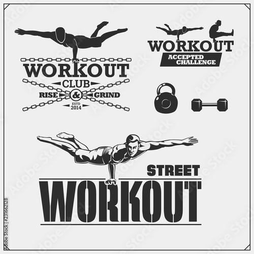 Vector set of Street Workout and fitness emblems and labels. Athletes illustrations and silhouettes.