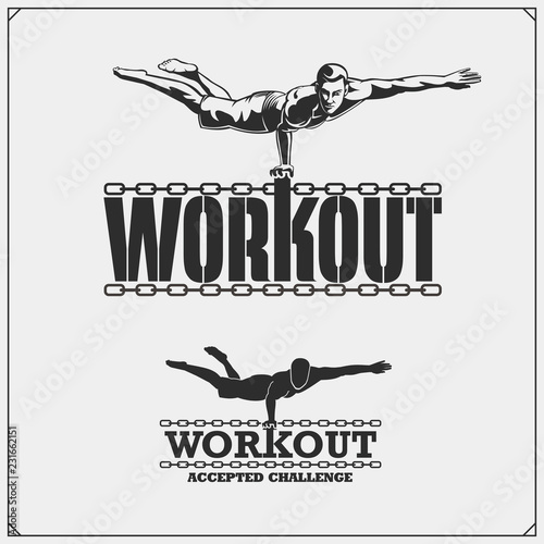 Vector set of Street Workout and fitness emblems and labels. Athletes illustrations and silhouettes.
