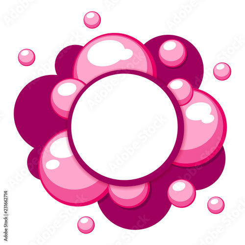 Abstract cheerful pink pattern with bubbles from soap or chewing gum. Template with a place for an inscription, three-dimensional, 3d. Isolated white background. EPS10 vector illustration.