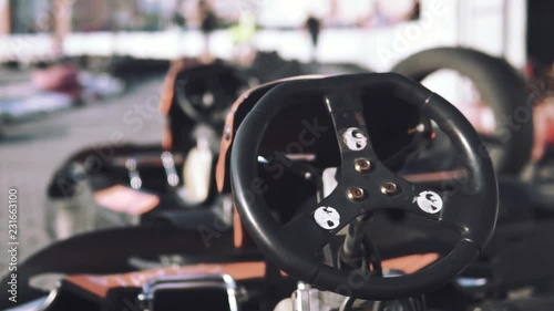 View of the steering wheel racing car. Street karting, entertainment concept, place for text, background, championship, amateur