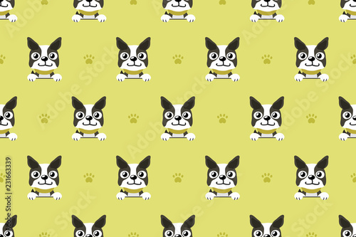 Vector cartoon character boston terrier dog seamless pattern for design.
