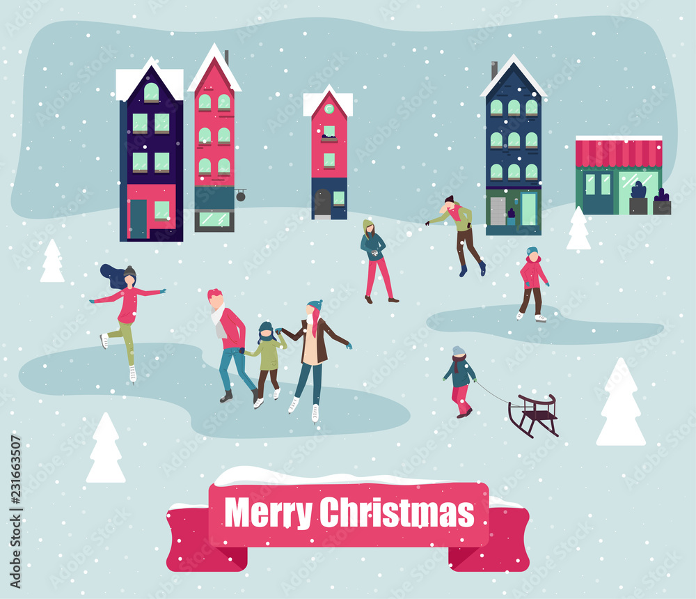 Merry Christmas greeting card with people skating on the ice rink.